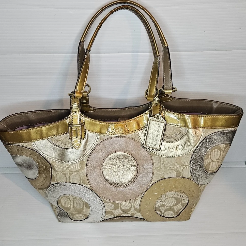 Coach Carly F16180 Vintage Tote – Y2K Metallic Patchwork Logo Canvas Purse, Gold